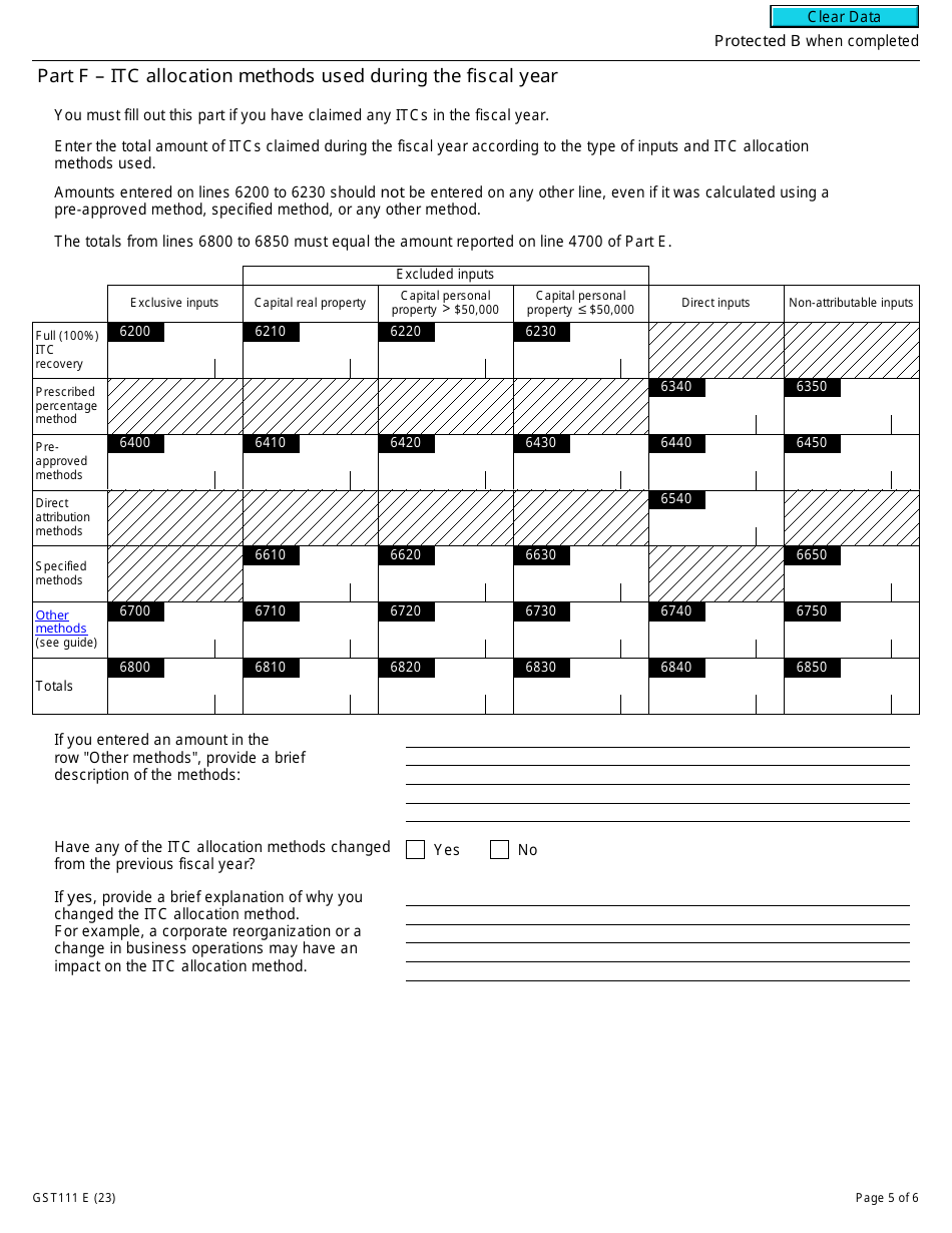 Form GST111 Financial Institution Gst / Hst Annual Information Return - Canada, Page 5