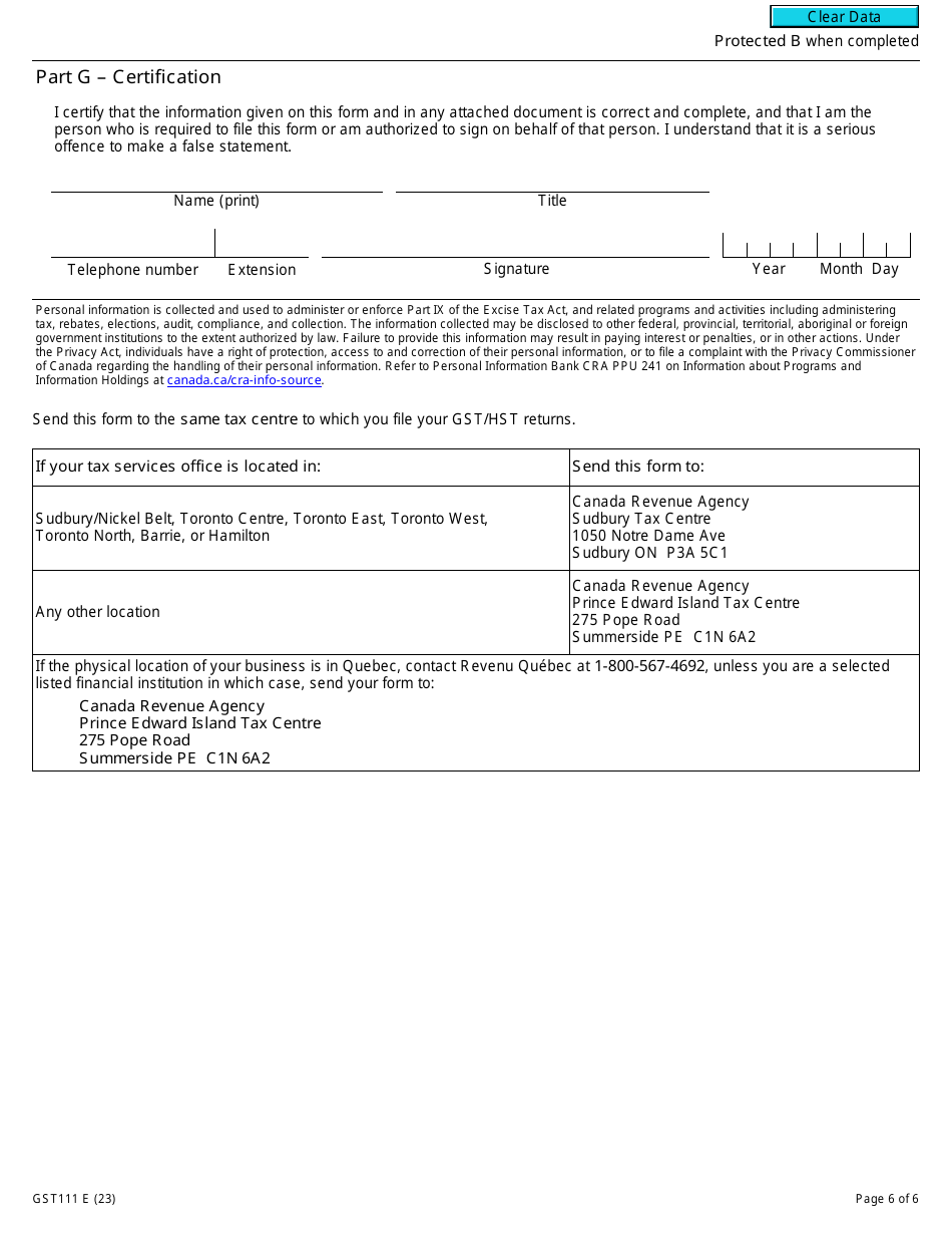 Form GST111 Financial Institution Gst / Hst Annual Information Return - Canada, Page 6