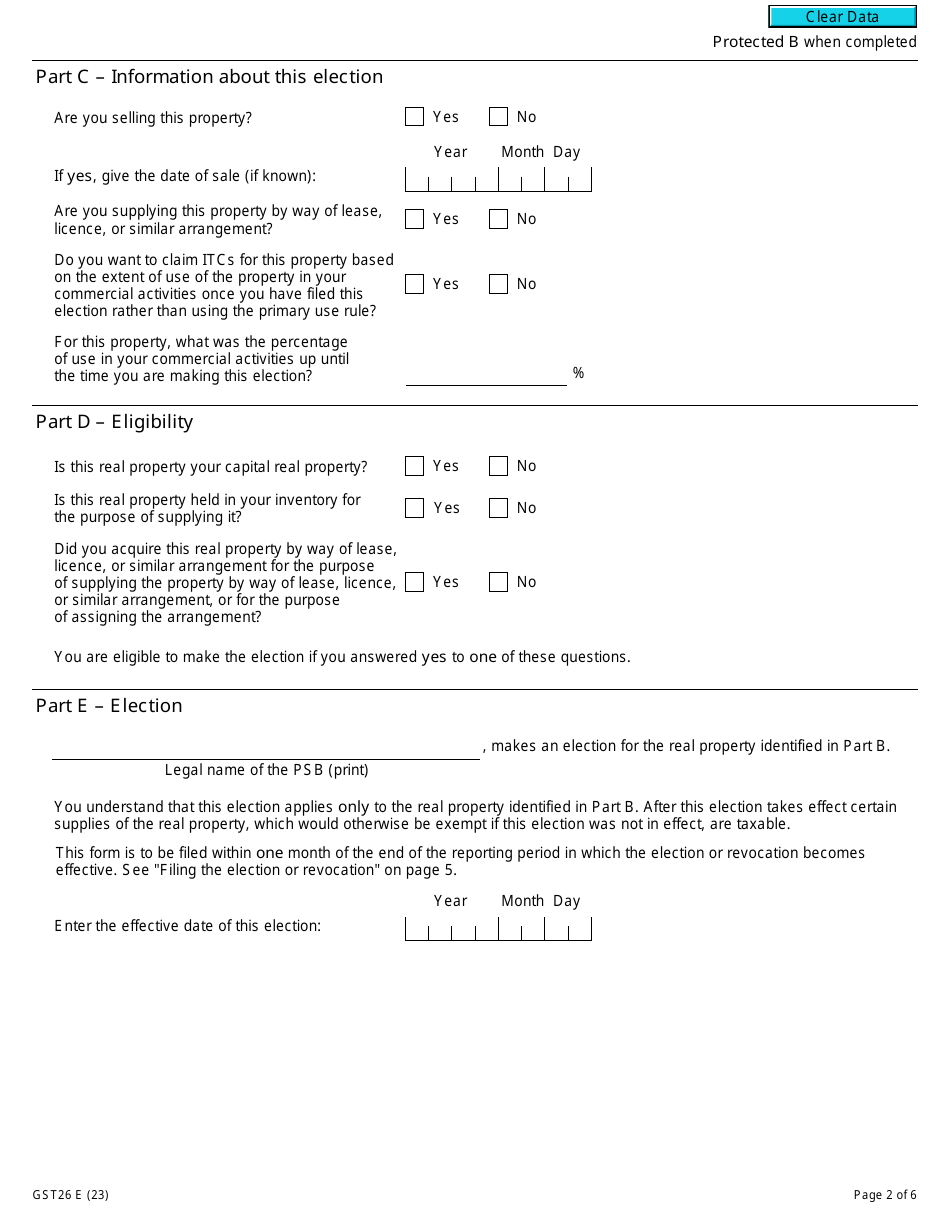 Form GST26 Election or Revocation of an Election by a Public Service Body to Have an Exempt Supply of Real Property Treated as a Taxable Supply - Canada, Page 2
