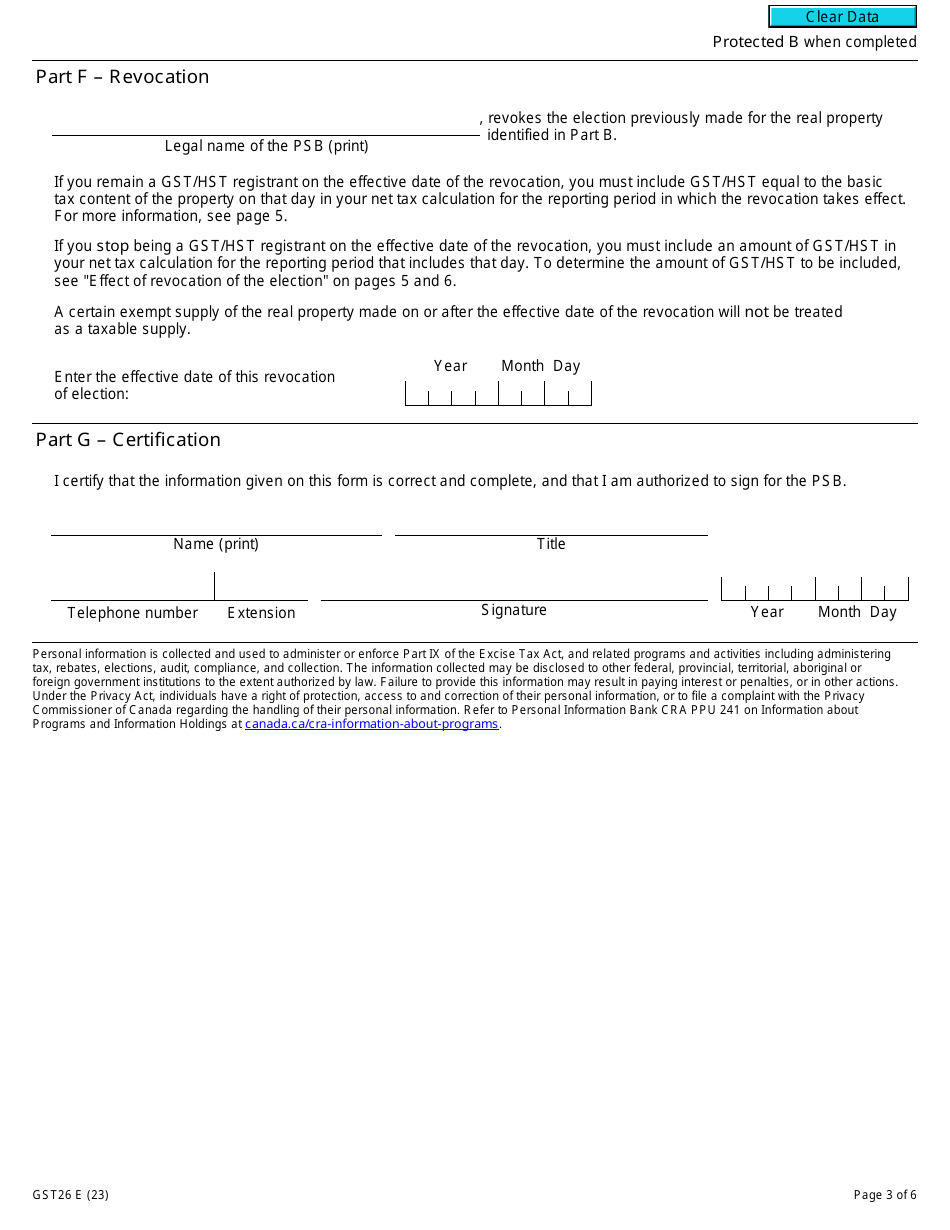Form GST26 Election or Revocation of an Election by a Public Service Body to Have an Exempt Supply of Real Property Treated as a Taxable Supply - Canada, Page 3