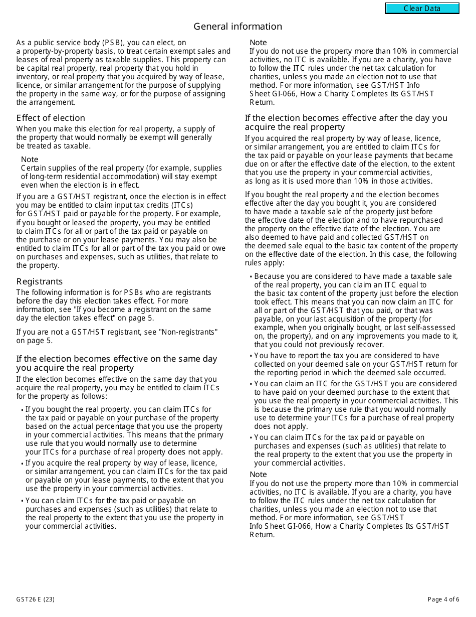 Form GST26 Election or Revocation of an Election by a Public Service Body to Have an Exempt Supply of Real Property Treated as a Taxable Supply - Canada, Page 4