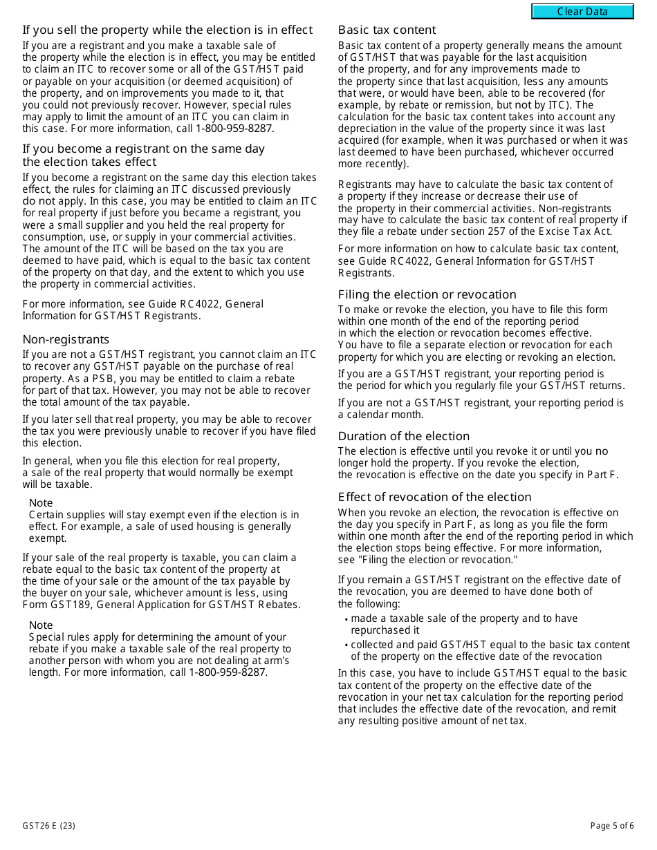 Form GST26 Election or Revocation of an Election by a Public Service Body to Have an Exempt Supply of Real Property Treated as a Taxable Supply - Canada, Page 5