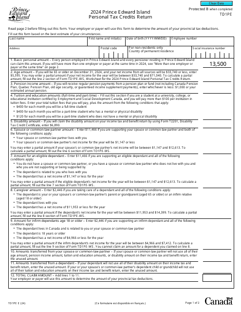 Form TD1PE Prince Edward Island Personal Tax Credits Return - Canada, 2024