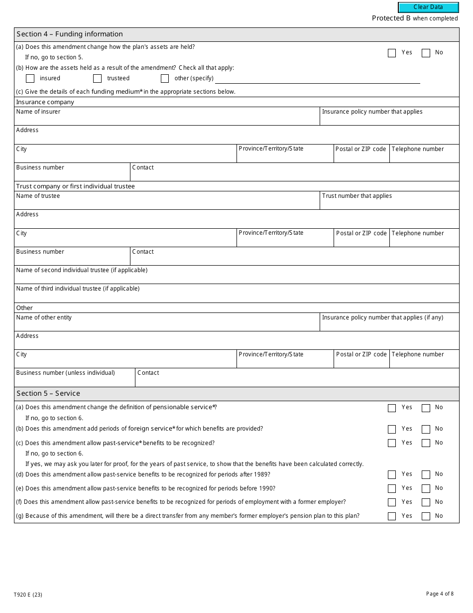 Form T920 Application to Amend a Registered Pension Plan - Canada, Page 4