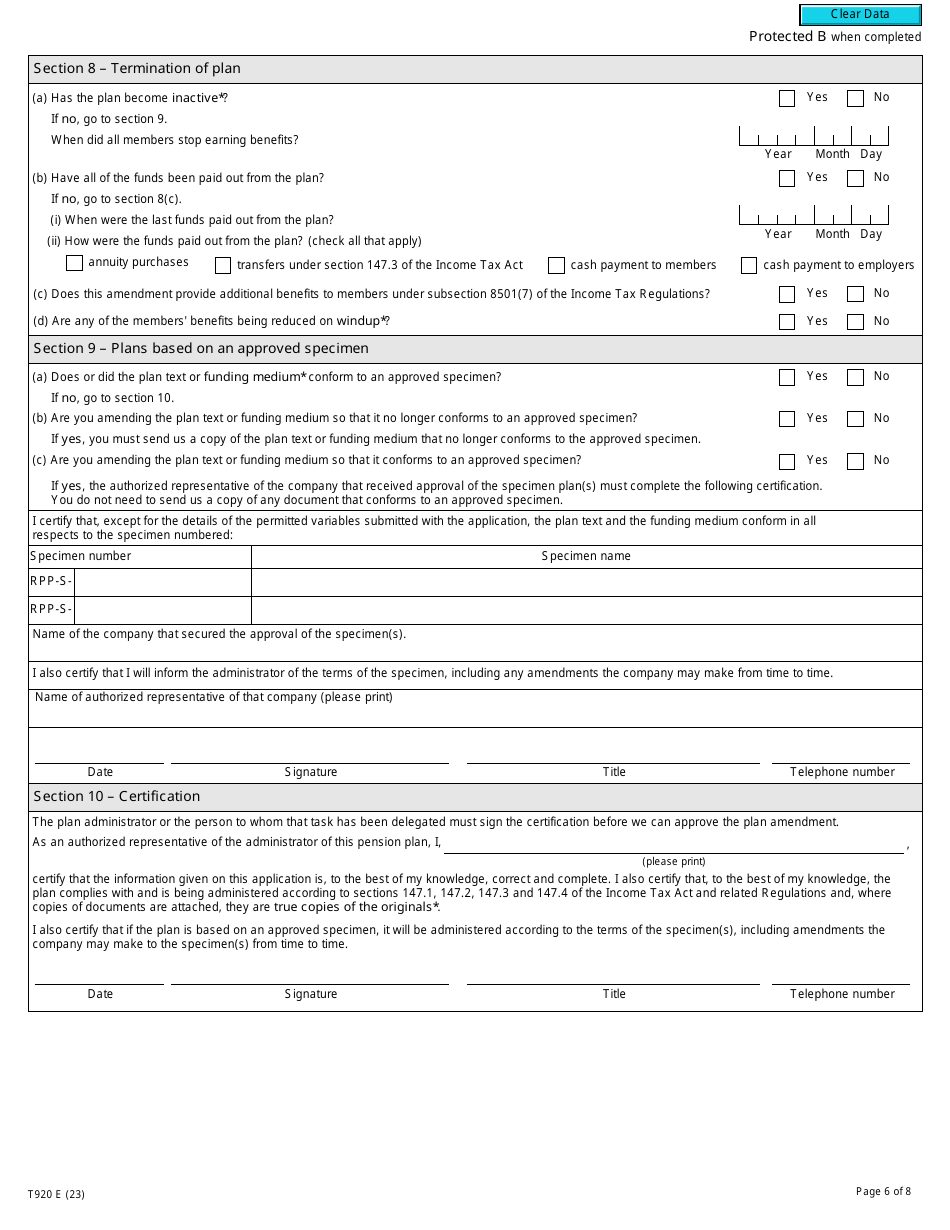 Form T920 Application to Amend a Registered Pension Plan - Canada, Page 6