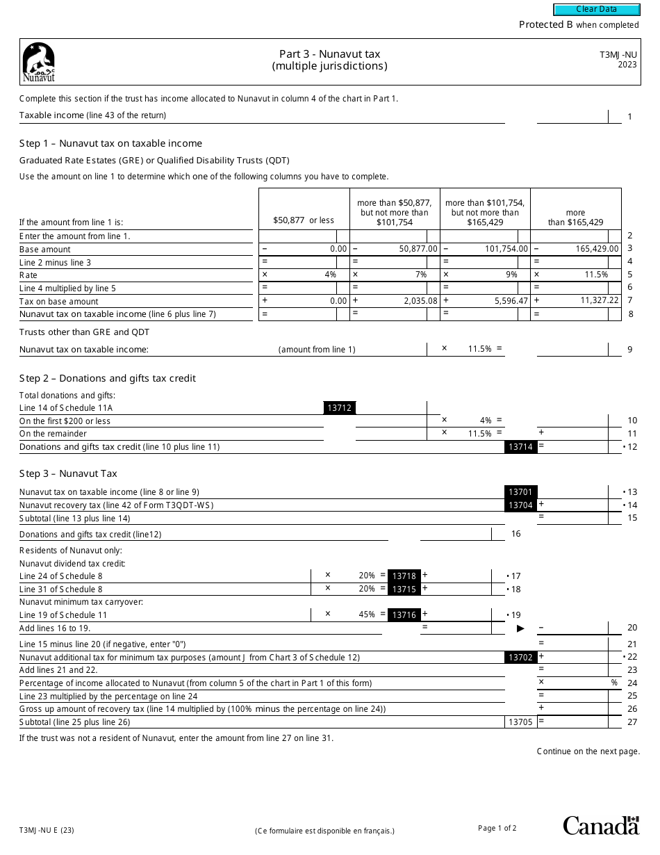 Form T3MJ-NU Part 3 Nunavut Tax (Multiple Jurisdictions) - Canada, Page 1