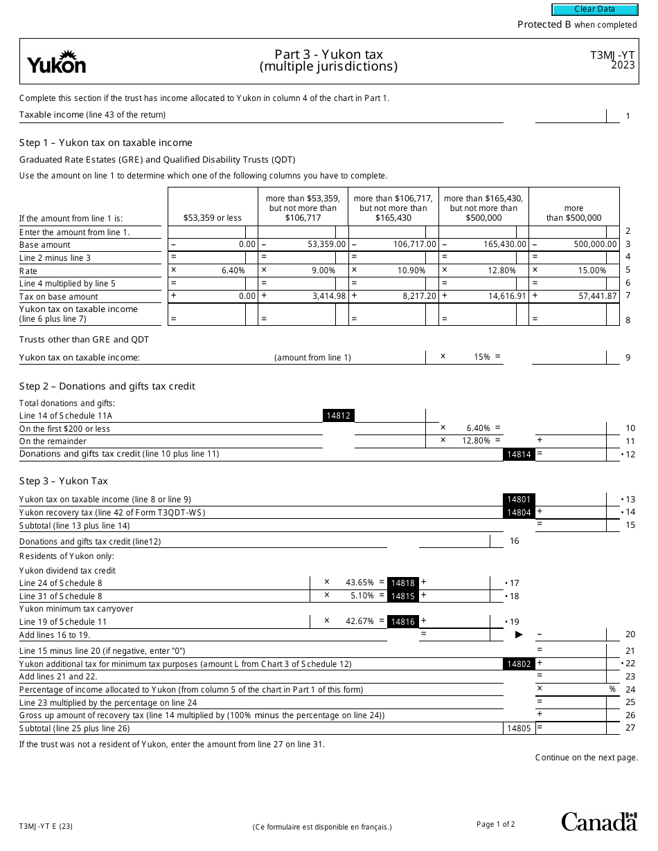 Form T3MJ-YT Part 3 Yukon Tax (Multiple Jurisdictions) - Canada, Page 1