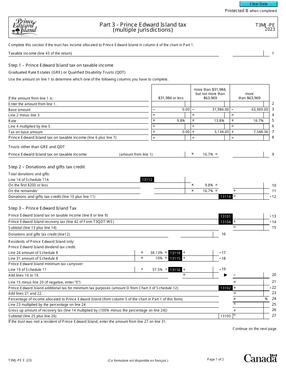 Form T3MJ-PE Part 3 Prince Edward Island Tax (Multiple Jurisdictions) - Canada, Page 1