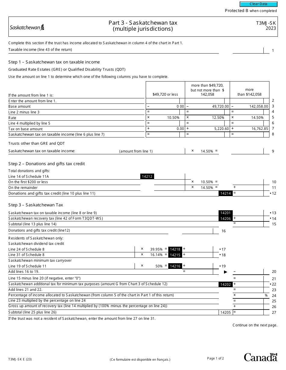 Form T3MJ-SK Part 3 Saskatchewan Tax (Multiple Jurisdictions) - Canada, Page 1