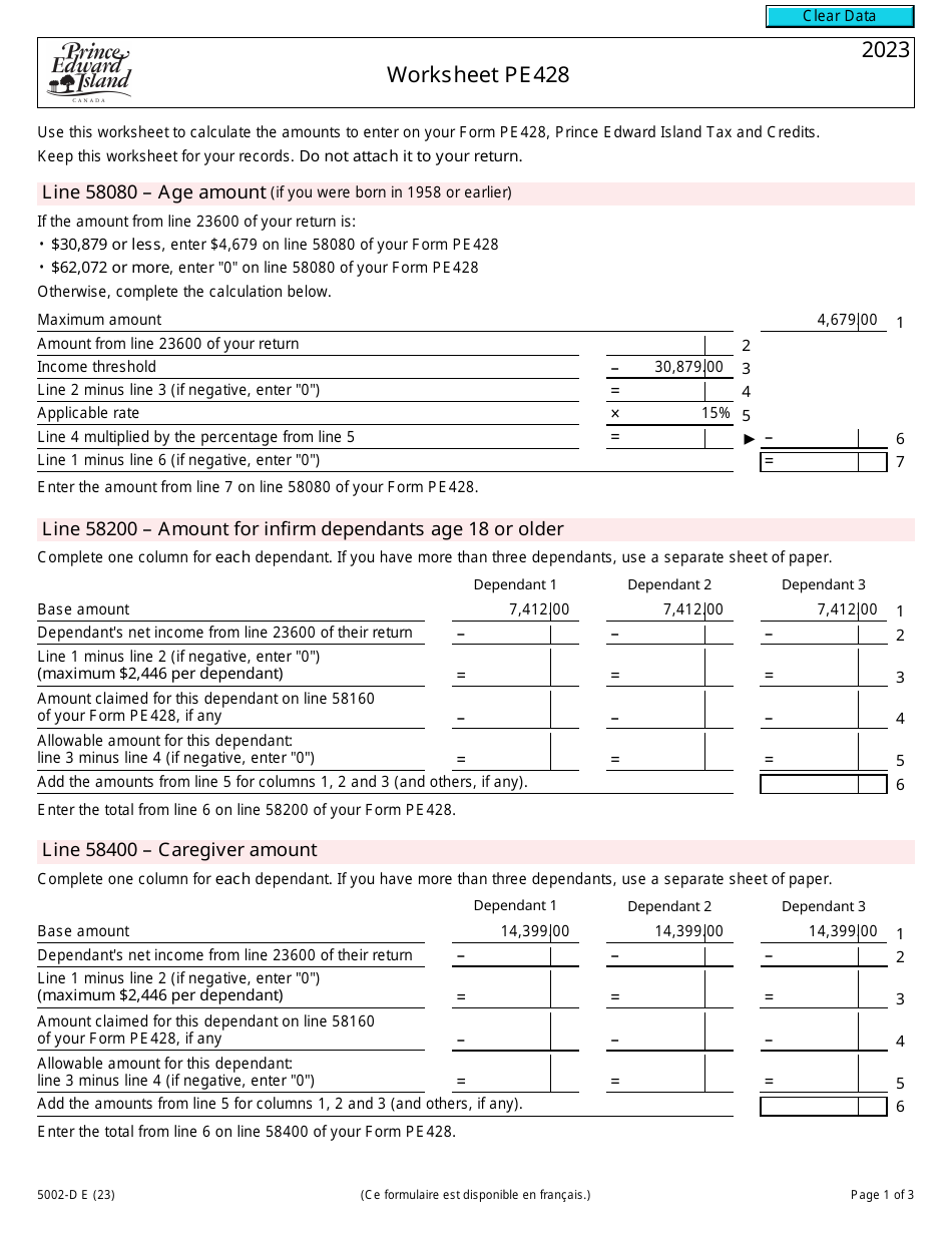 Form 5002-D Worksheet PE428 Prince Edward Island - Canada, Page 1