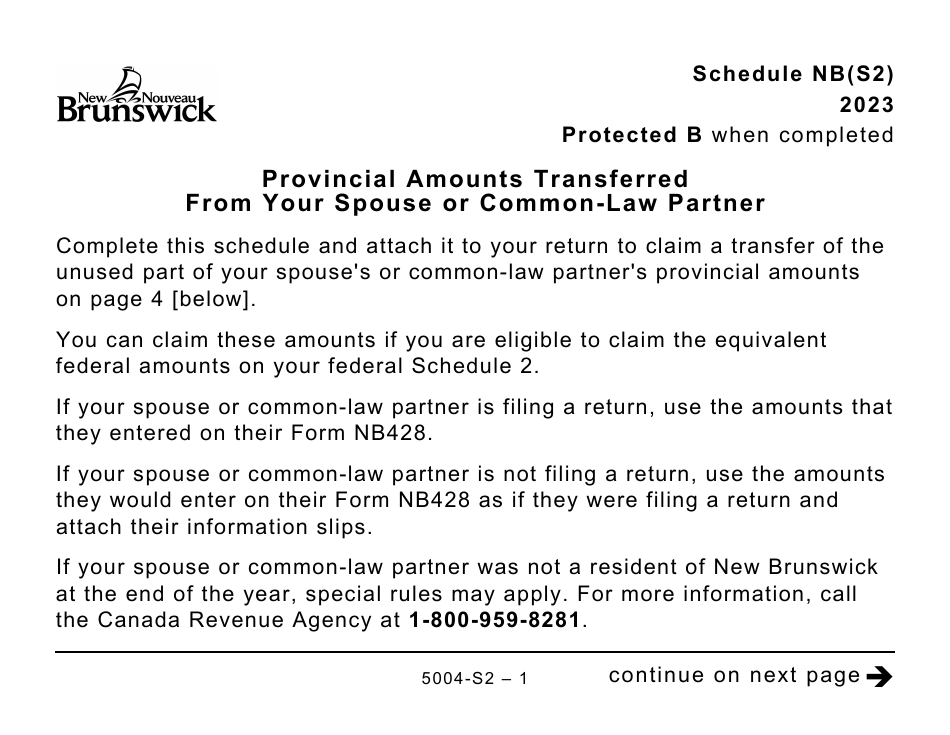 Form 5004-S2 Schedule NB(S2) Provincial Amounts Transferred From Your Spouse or Common-Law Partner - Large Print - Canada, Page 1