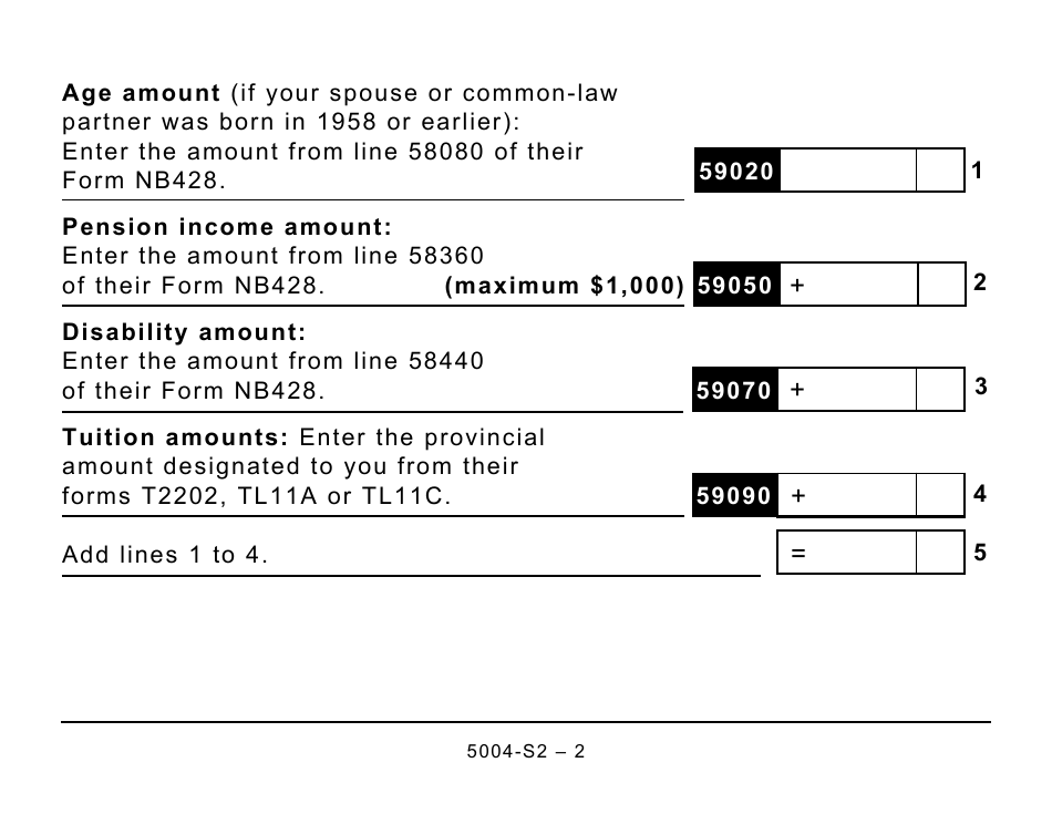 Form 5004-S2 Schedule NB(S2) Provincial Amounts Transferred From Your Spouse or Common-Law Partner - Large Print - Canada, Page 2