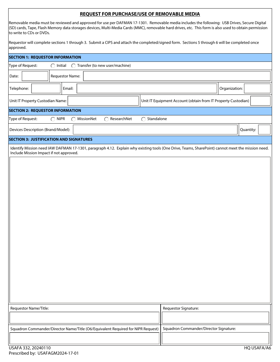 USAFA Form 332 Request for Purchase / Use of Removable Media, Page 1