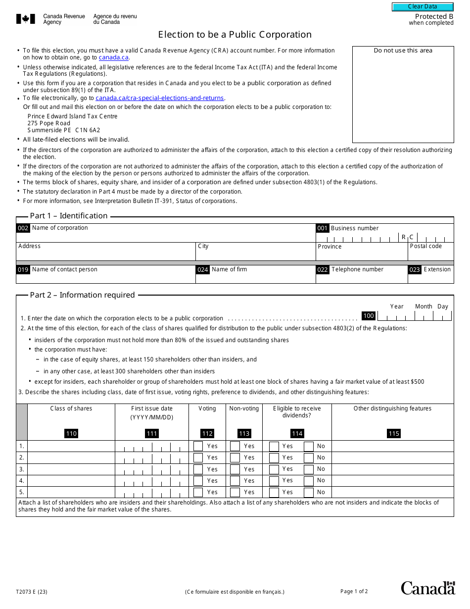 Form T2073 Election to Be a Public Corporation - Canada, Page 1
