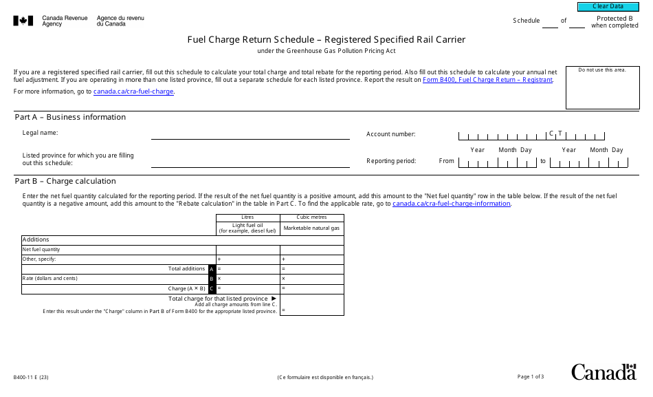 Form B400-11 Fuel Charge Return Schedule - Registered Specified Rail Carrier - Canada, Page 1
