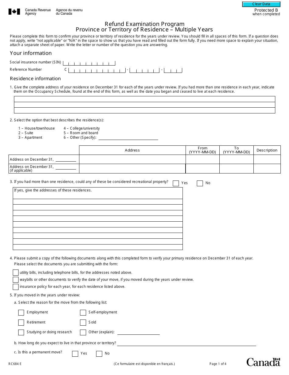 Form RC684 Province or Territory of Residence - Multiple Years - Refund Examination Program - Canada, Page 1