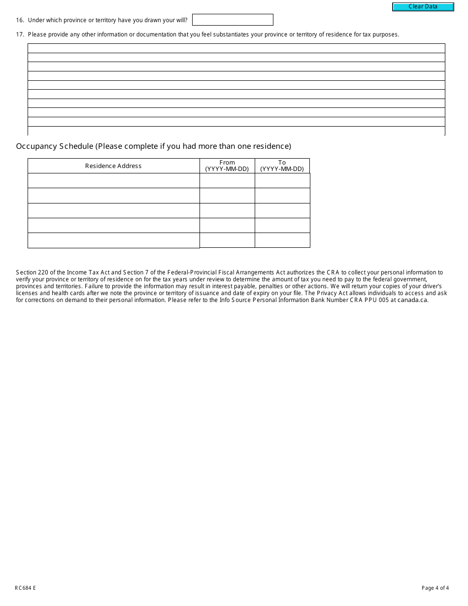 Form RC684 Province or Territory of Residence - Multiple Years - Refund Examination Program - Canada, Page 4