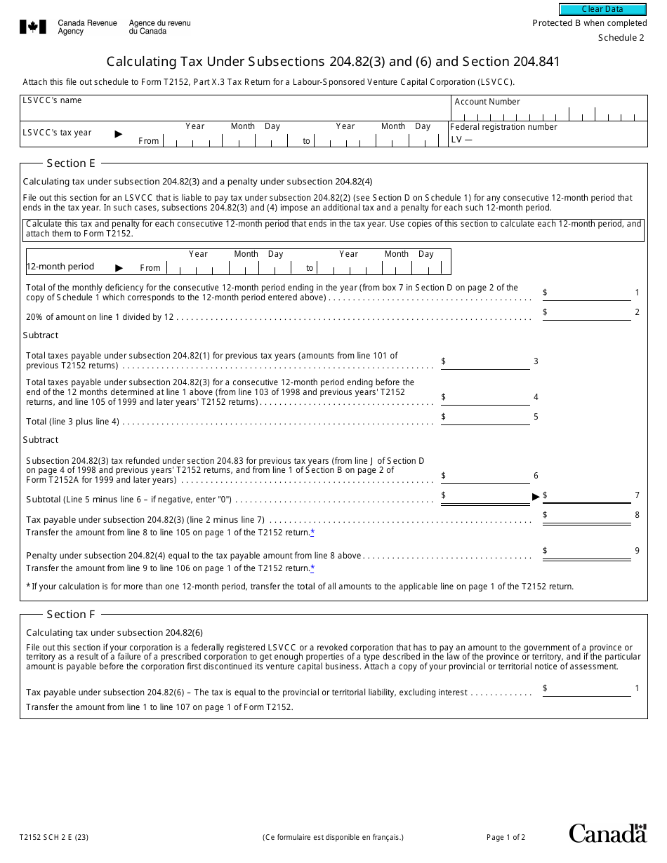 Form T2152 Schedule 2 Calculating Tax Under Subsections 204.82(3) and (6) and Section 204.841 - Canada, Page 1