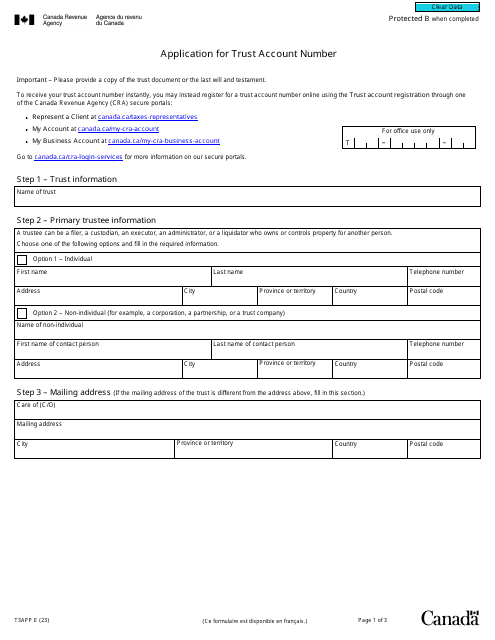 Form T3APP Application for Trust Account Number - Canada