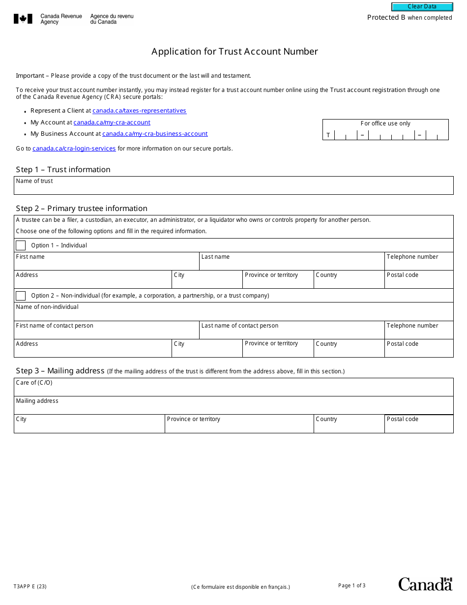 Form T3APP Application for Trust Account Number - Canada, Page 1
