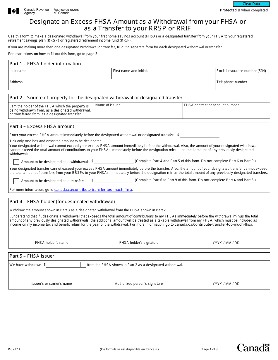 Form RC727 Designate an Excess Fhsa Amount as a Withdrawal From Your Fhsa or as a Transfer to Your Rrsp or Rrif - Canada, Page 1