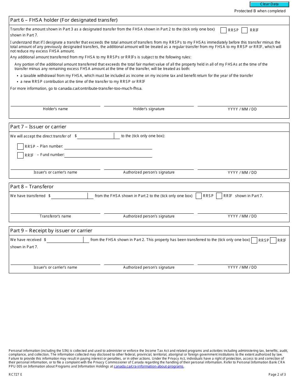 Form RC727 Designate an Excess Fhsa Amount as a Withdrawal From Your Fhsa or as a Transfer to Your Rrsp or Rrif - Canada, Page 2