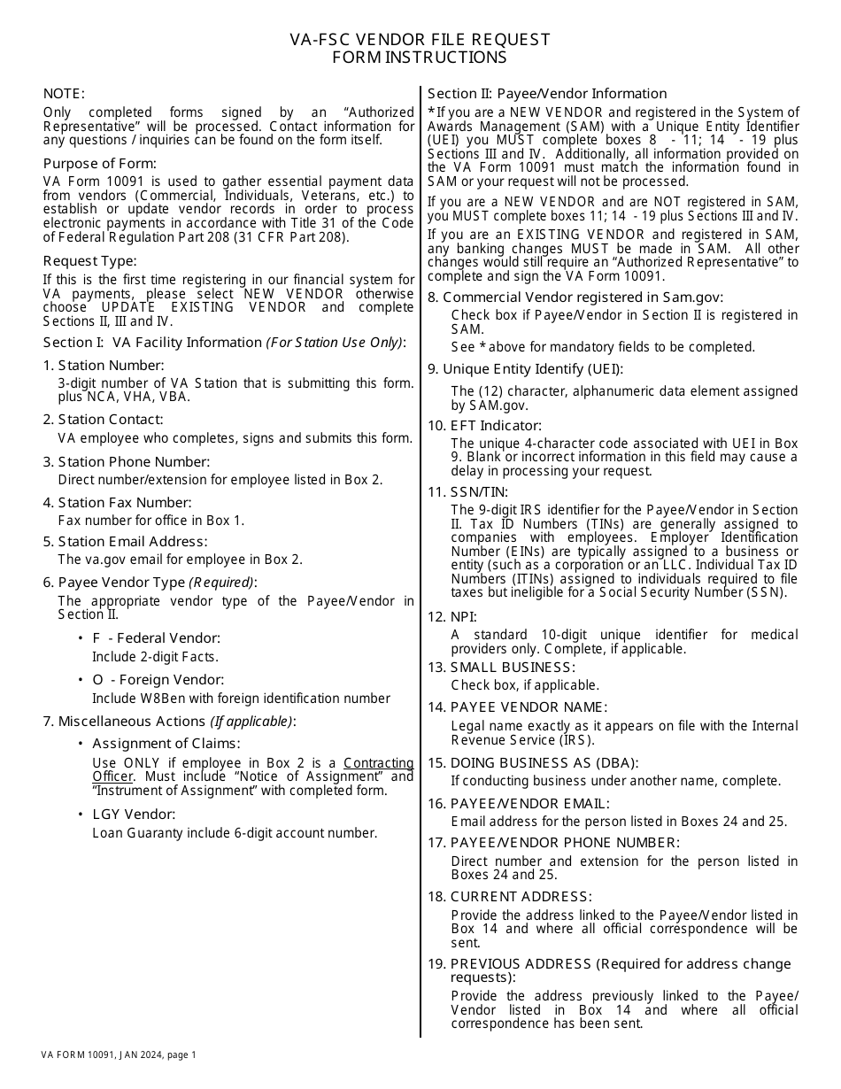 VA Form 10091 VA-FSC Vendor File Request Form, Page 1