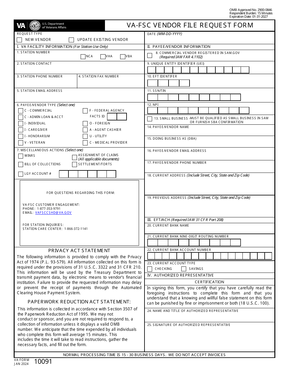 VA Form 10091 Download Fillable PDF or Fill Online VA-FSC Vendor File ...