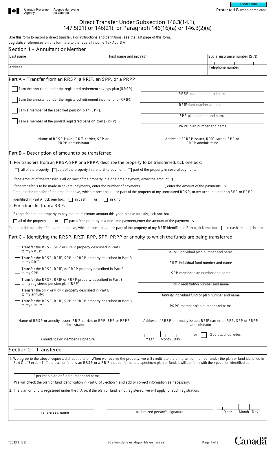 Form T2033 Download Fillable PDF or Fill Online Direct Transfer Under ...