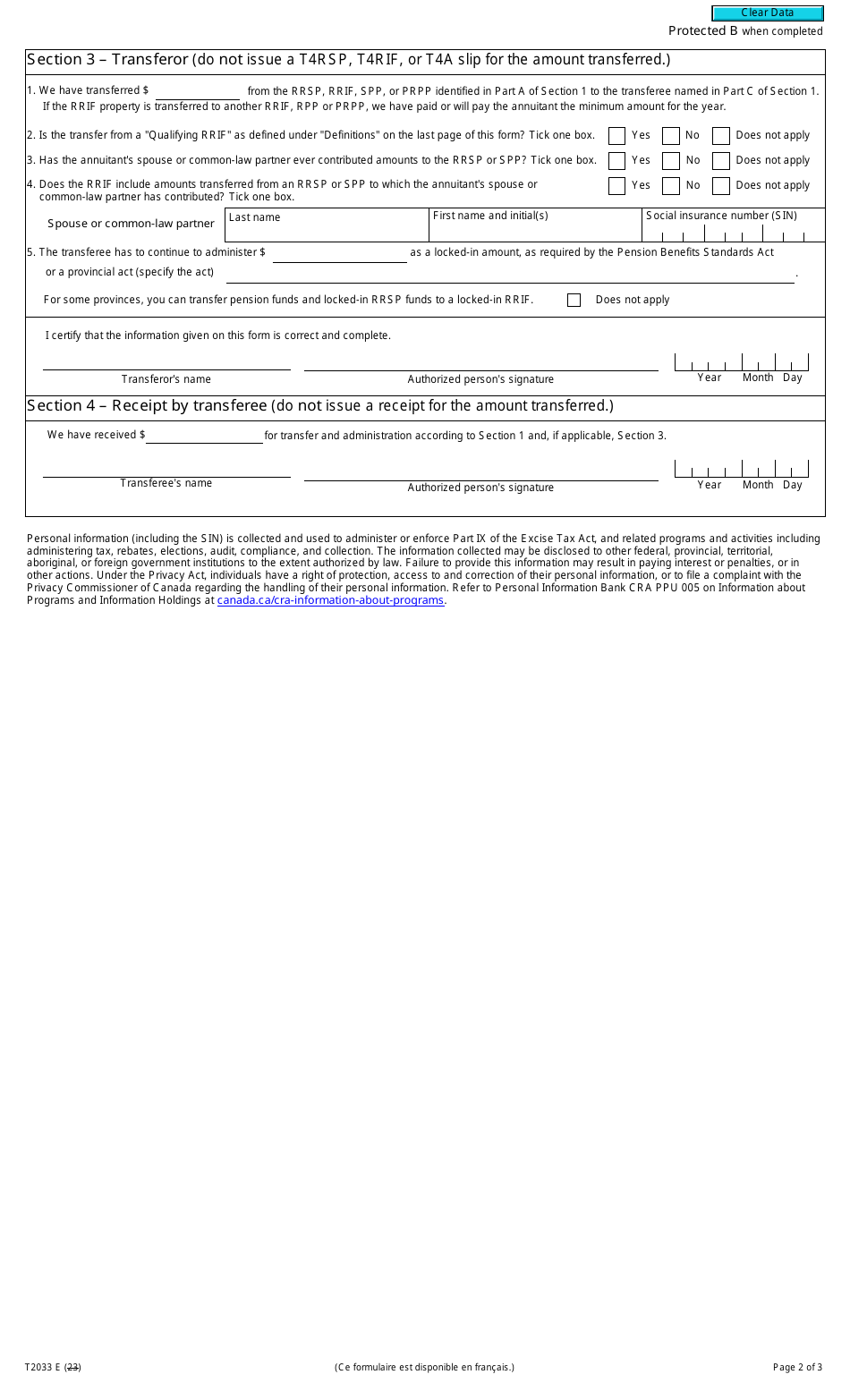 Form T2033 Direct Transfer Under Subsection 146.3(14.1), 147.5(21) or 146(21), or Paragraph 146(16)(A) or 146.3(2)(E) - Canada, Page 2