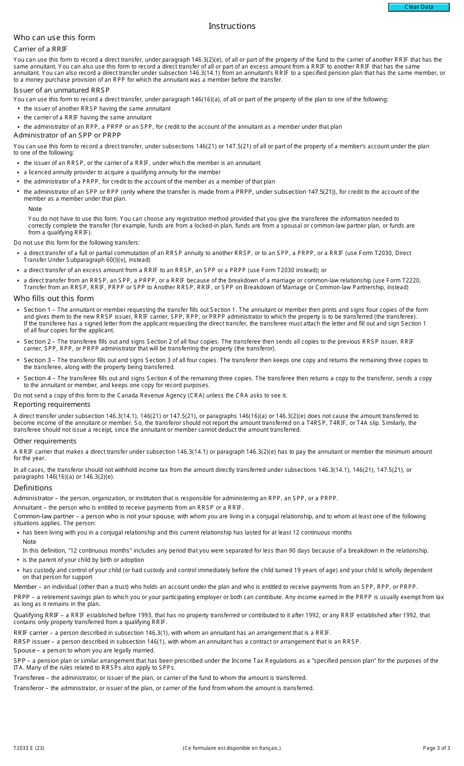 Form T2033 Direct Transfer Under Subsection 146.3(14.1), 147.5(21) or 146(21), or Paragraph 146(16)(A) or 146.3(2)(E) - Canada, Page 3