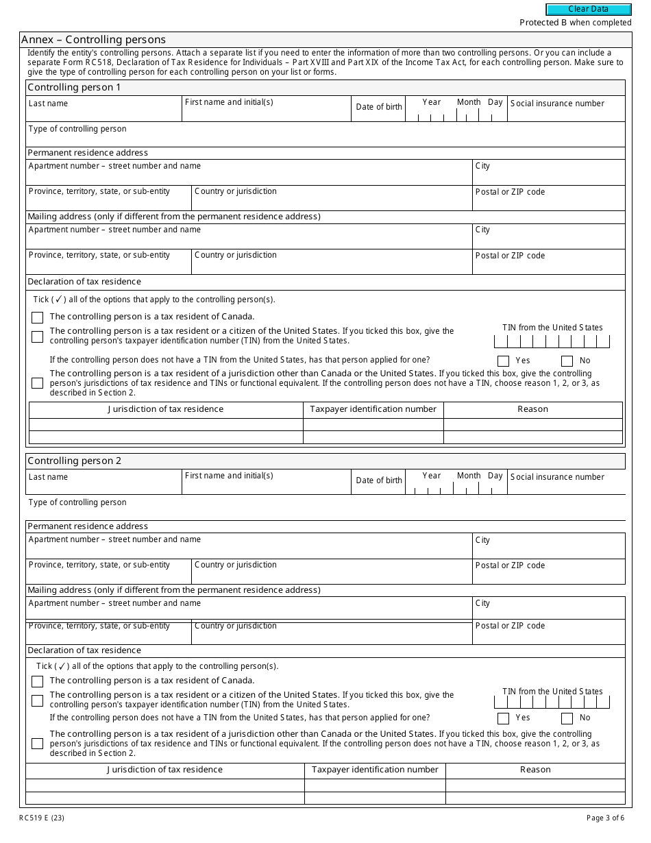 Form RC519 Declaration of Tax Residence for Entities - Part Xviii and Part Xix of the Income Tax Act - Canada, Page 3