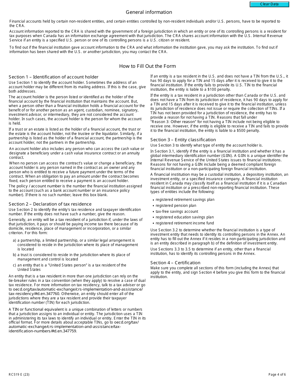 Form RC519 Declaration of Tax Residence for Entities - Part Xviii and Part Xix of the Income Tax Act - Canada, Page 4