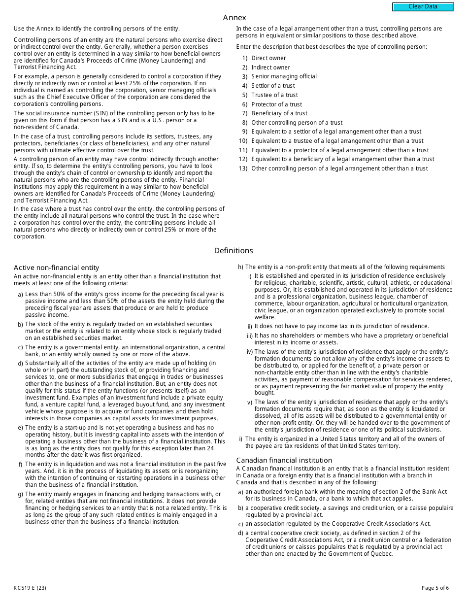 Form RC519 Declaration of Tax Residence for Entities - Part Xviii and Part Xix of the Income Tax Act - Canada, Page 5