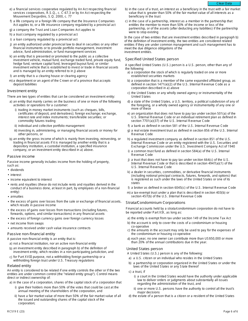 Form RC519 Declaration of Tax Residence for Entities - Part Xviii and Part Xix of the Income Tax Act - Canada, Page 6