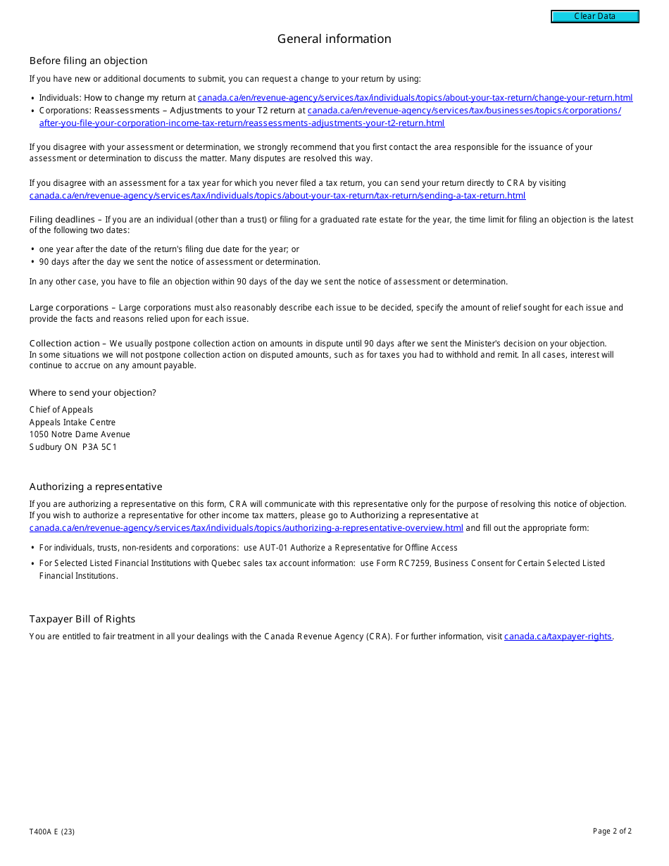 Form T400A Notice of Objection - Income Tax Act - Canada, Page 2