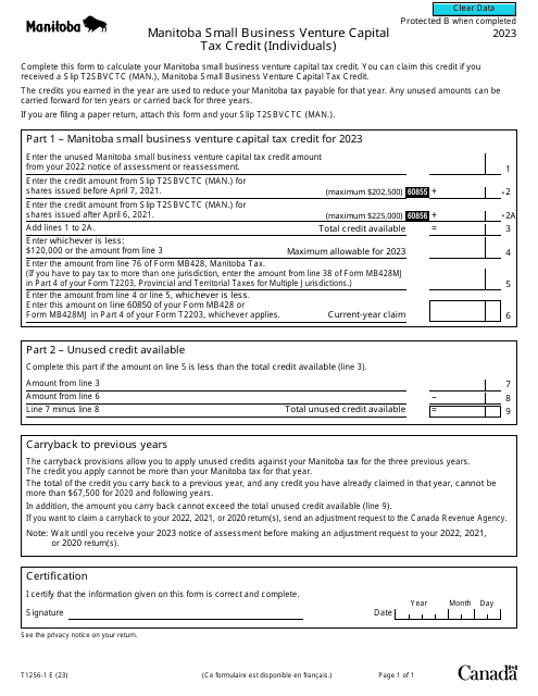 Form T1256-1 Manitoba Small Business Venture Capital Tax Credit (Individuals) - Canada, 2023