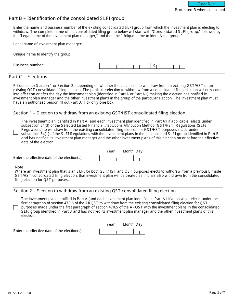 Form RC7204-2 Elections to Withdraw From a Consolidated Filing Election for a Selected Listed Financial Institution for Gst / Hst and Qst Purposes or Only for Qst Purposes - Canada, Page 3