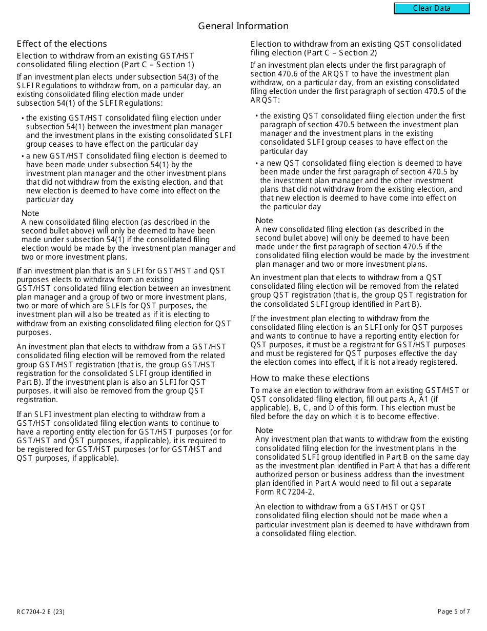 Form RC7204-2 Elections to Withdraw From a Consolidated Filing Election for a Selected Listed Financial Institution for Gst / Hst and Qst Purposes or Only for Qst Purposes - Canada, Page 5