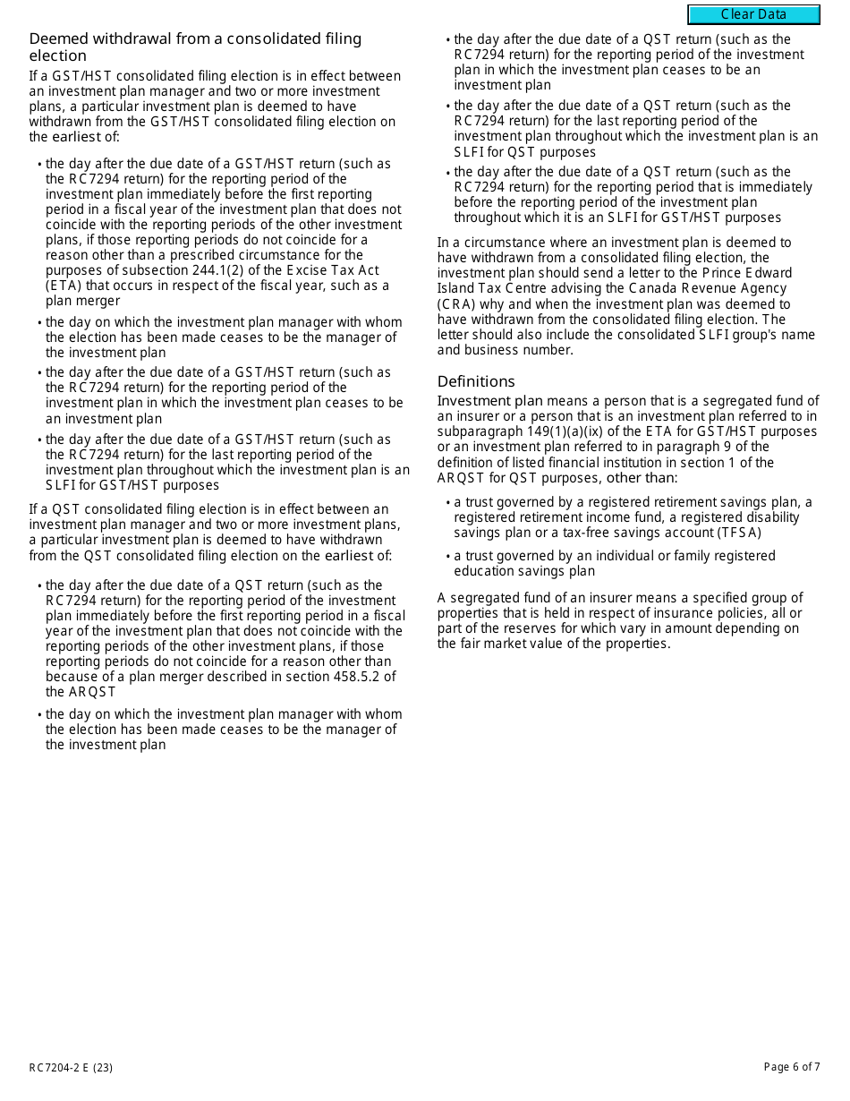 Form RC7204-2 Elections to Withdraw From a Consolidated Filing Election for a Selected Listed Financial Institution for Gst / Hst and Qst Purposes or Only for Qst Purposes - Canada, Page 6