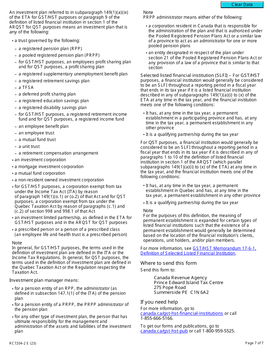 Form RC7204-2 Elections to Withdraw From a Consolidated Filing Election for a Selected Listed Financial Institution for Gst / Hst and Qst Purposes or Only for Qst Purposes - Canada, Page 7