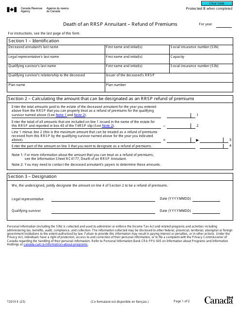 Form T2019 Death of an Rrsp Annuitant - Refund of Premiums - Canada