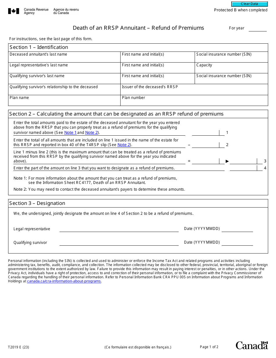 Form T2019 Death of an Rrsp Annuitant - Refund of Premiums - Canada, Page 1