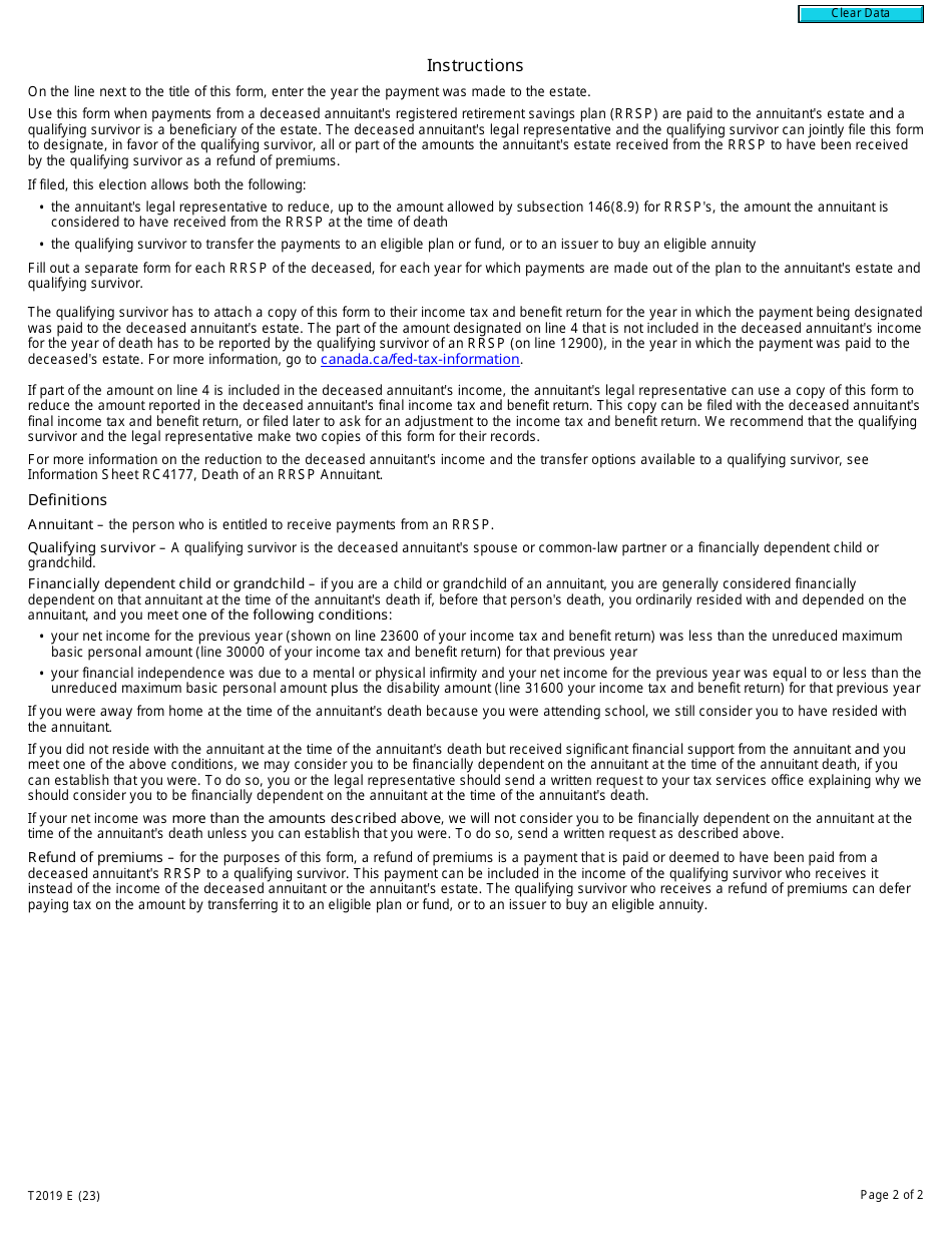 Form T2019 Death of an Rrsp Annuitant - Refund of Premiums - Canada, Page 2