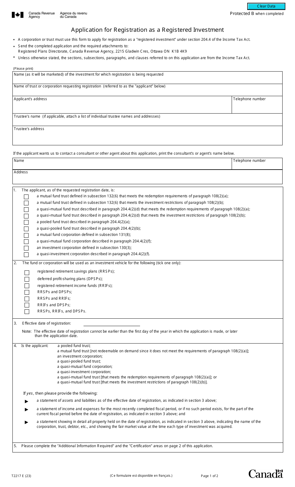 Form T2217 Application for Registration as a Registered Investment - Canada, Page 1