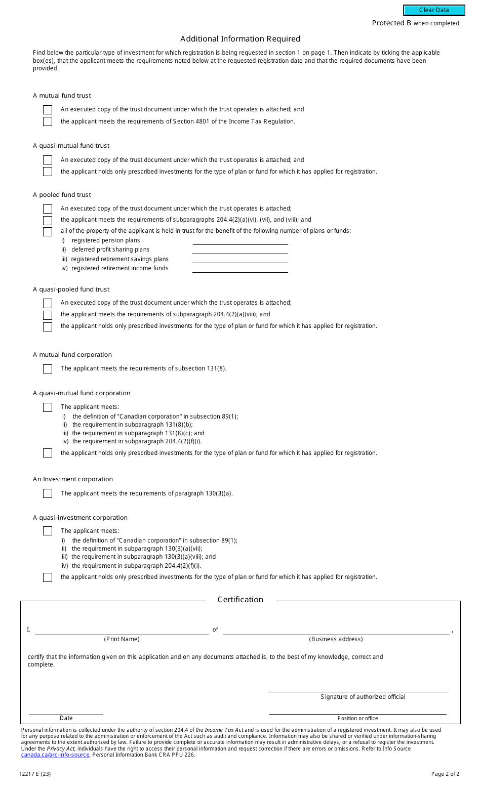 Form T2217 Application for Registration as a Registered Investment - Canada, Page 2