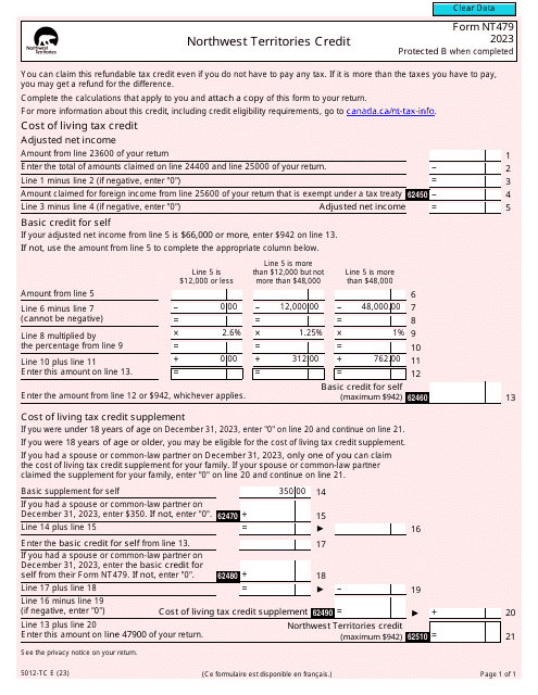 Form 5012-TC (NT479) Northwest Territories Credit - Canada, 2023