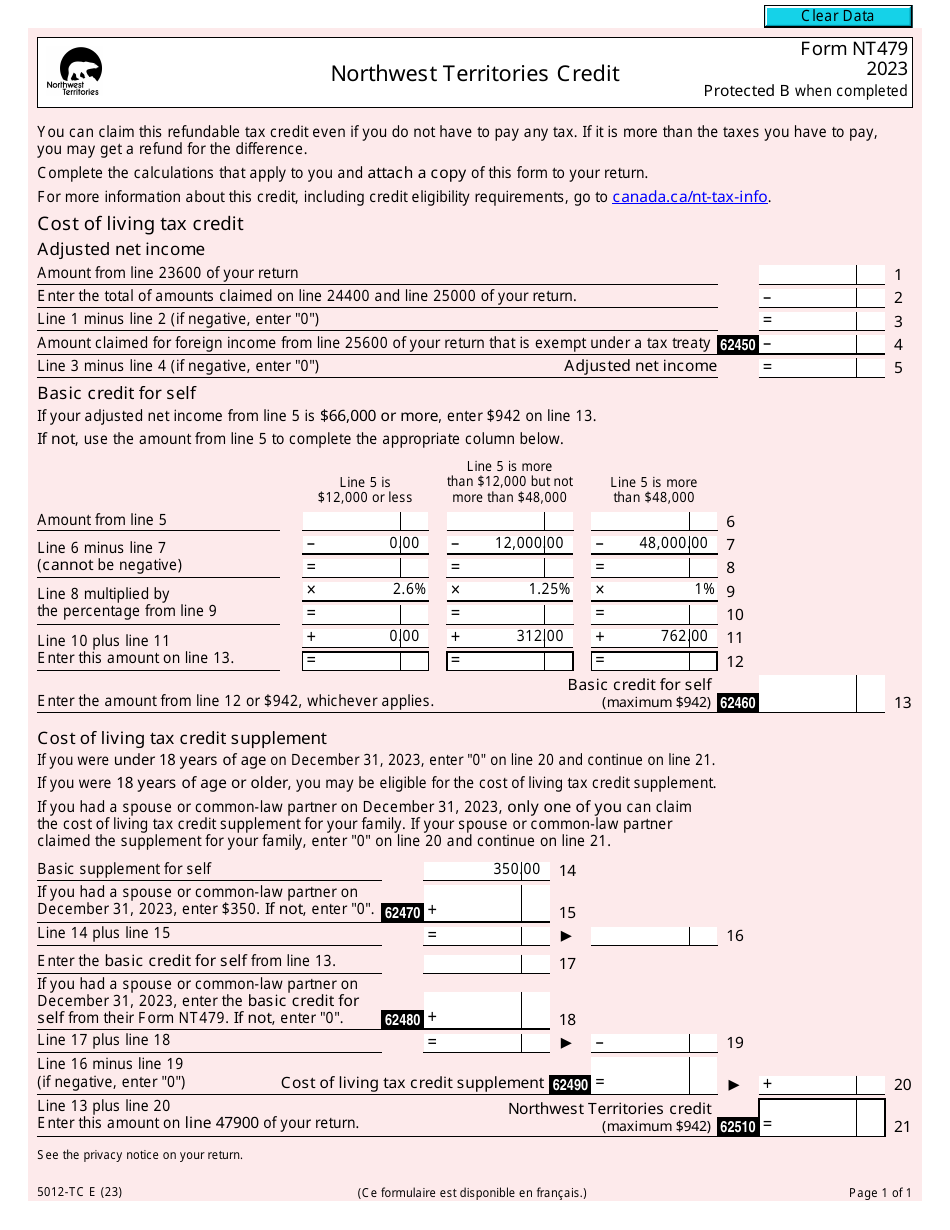 Form 5012-TC (NT479) Northwest Territories Credit - Canada, Page 1