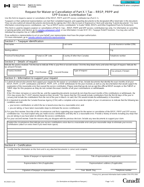 Form RC2503 Request for Waiver or Cancellation of Part X.1 Tax - Rrsp, Prpp and Spp Excess Contribution Tax - Canada