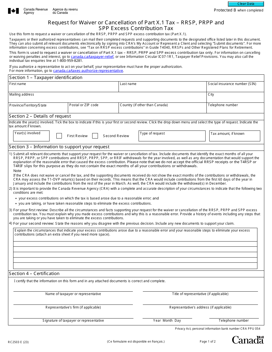 Form RC2503 Request for Waiver or Cancellation of Part X.1 Tax - Rrsp, Prpp and Spp Excess Contribution Tax - Canada, Page 1